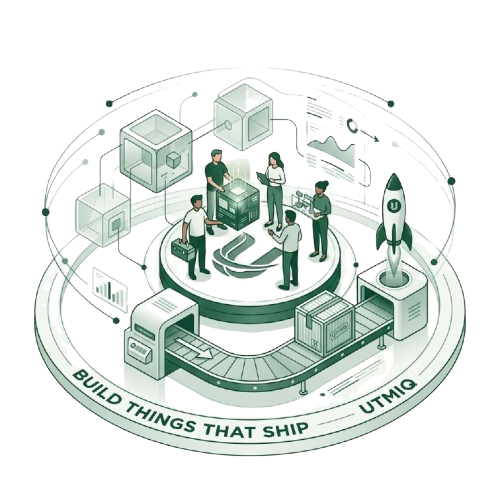 An illustration of a small team building and launching a product together, captioned 'Build things that ship'.