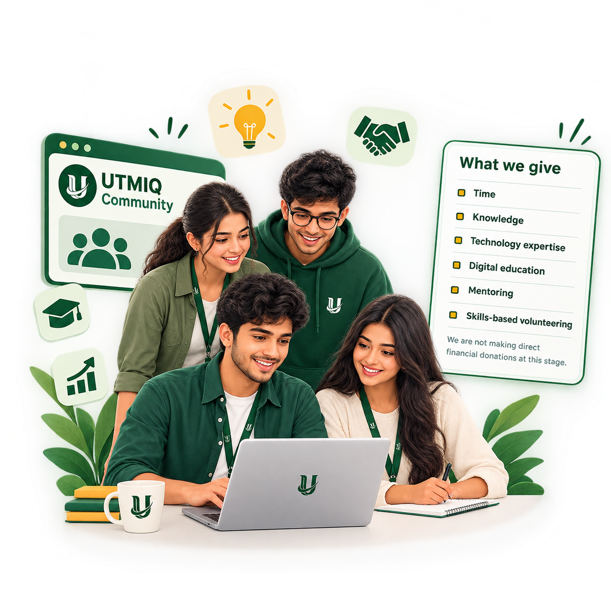 An illustration representing what UTMIQ gives through its community programme: time, knowledge, technology expertise, digital education, mentoring and skills-based volunteering.