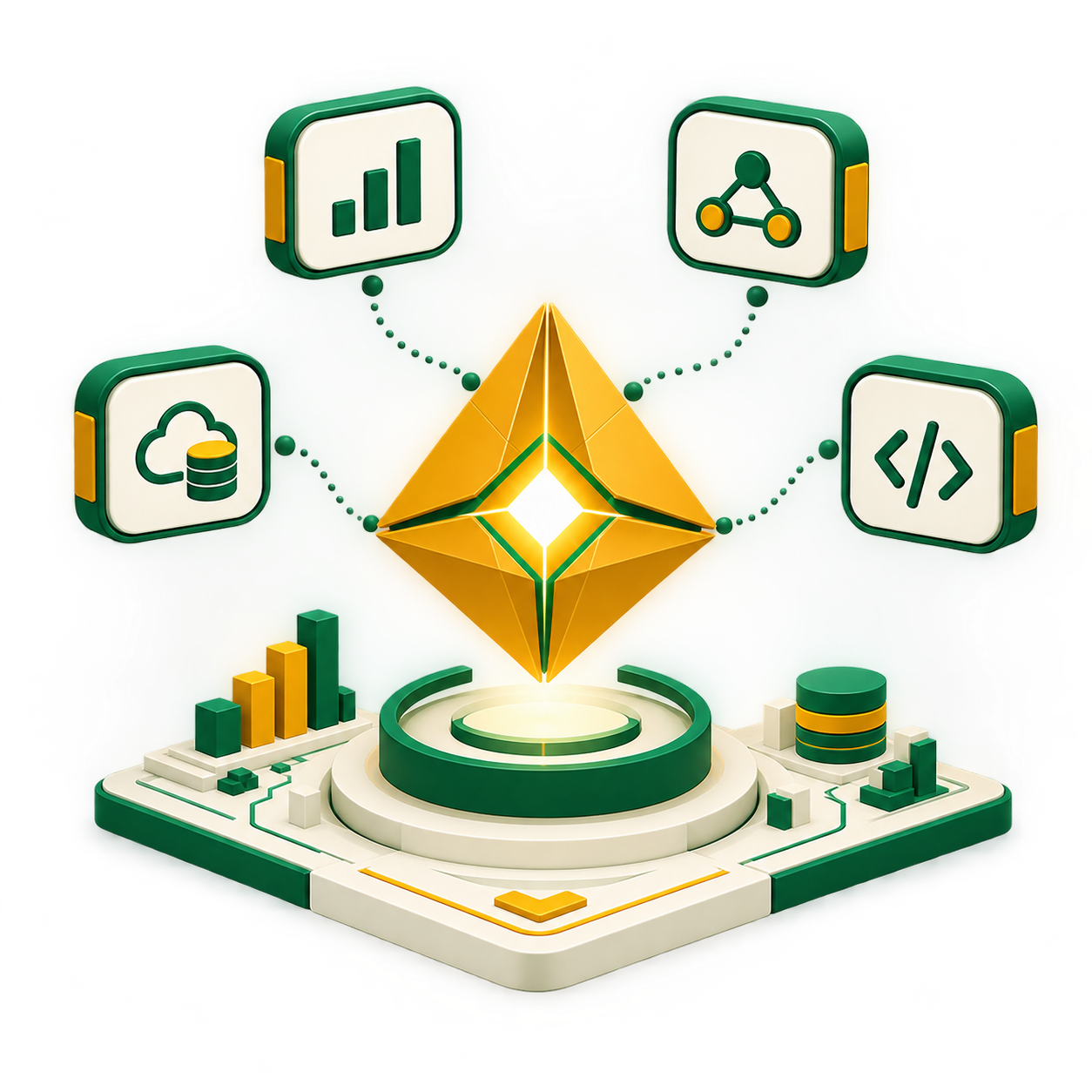 A glowing gold crystal on a raised platform, fed by four tool tiles: analytics, connected workflow, cloud data and code.