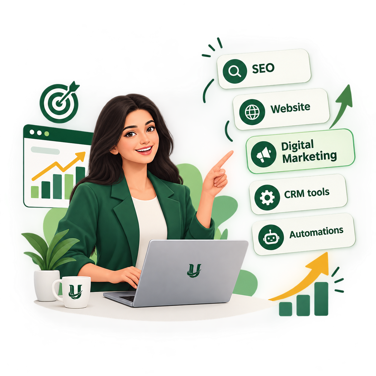 An illustration representing the five parts of every UTMIQ success package: SEO, website, digital marketing, CRM tools and automation.