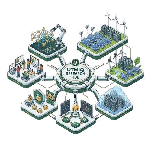 A hub-and-spoke diagram: the UTMIQ Research Hub at the centre, connected to seven research areas — AI and robotics, IoT and connected devices, sustainable technology, developer tooling and CI/CD, cloud infrastructure, data privacy and security, and people using accessible technology.