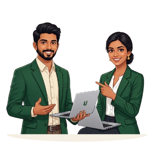 An illustration of two UTMIQ team members in branded jackets, working together on a laptop.